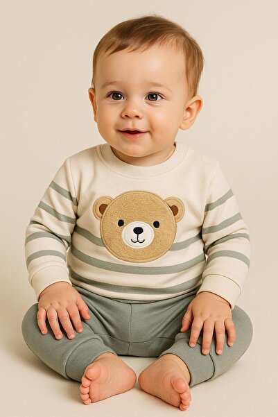 dinamik çocuk Baby boy big bear embroidered Transitional 2-thread bottom top 2-piece set 3-6-9-12 months