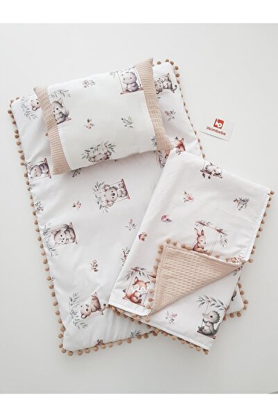ilkimbebe Salıncak Desen Ponponlu Pike Bebek Battaniyeli 3lü Alt Açma Seti