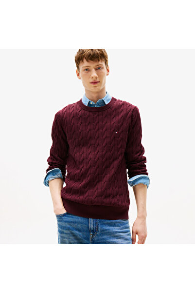 Tommy Hilfiger Classic Cotton Cable Yuvarlak Yaka Erkek Bordo Kazak