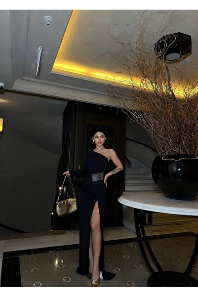 Modafeminen One-Sleeve Detailed Sandy Fabric Dress 583372 Black