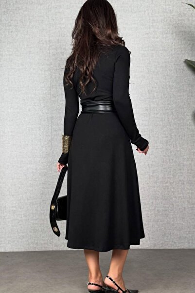 Mossta Long Sleeve V-Neck Belted Midi Viscose Two Thread Dress - Black