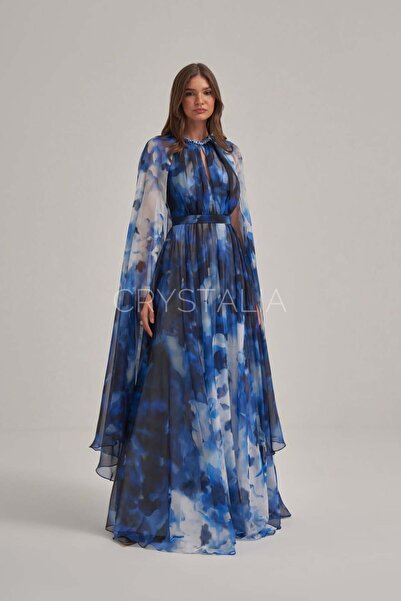 CRYSTALİA Desenli Mavi Yaka Taş İşlemeli Pelerin Elbise