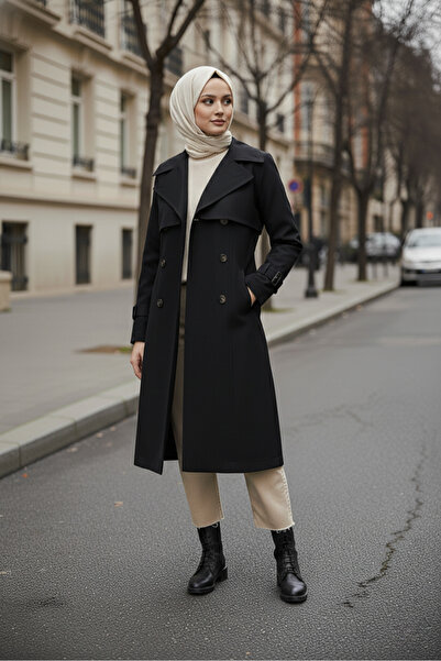 Zeneva Collection Soft Siyah %100 Pamuk Uzun (110CM) Astarlı Kadın Tesettür Trençkot 1111-TES