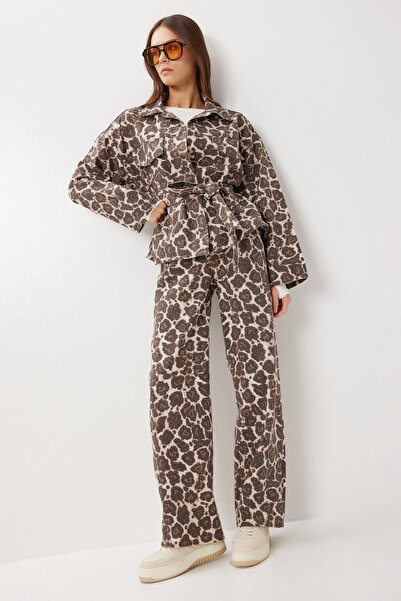 Lovelyİstanbul Leopard Patterned Denim Jacket Pants Set Lri0028 Brown Cream