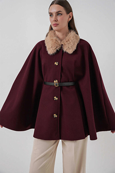 hazelin Women's Plum Collar Fur Buttoned Belted Cashmere Poncho Hzl25W-Bd191651