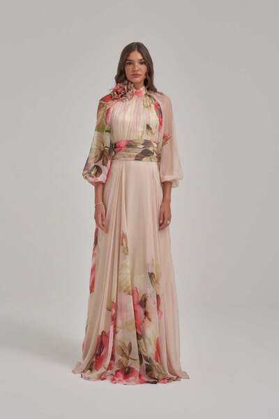 CRYSTALİA Özel Desen Çiçek Motifli Şifon Elbise