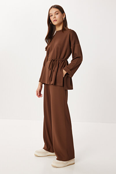 Lovelyİstanbul Lace-Up Detailed Top and Bottom Modal Set Lby0026 Brown