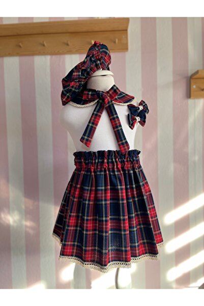 Eylülce Butik Kız Çocuk Lacivert Ekoseli Etek & Şapka & Vintage Yaka & Toka T...