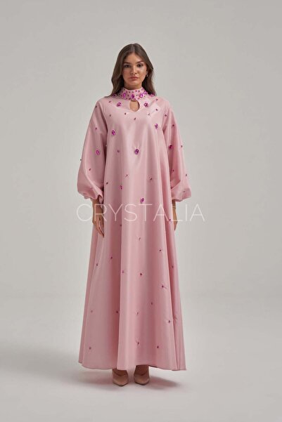 CRYSTALİA Tafta Özel Tasarım Taşlı Pembe Elbise