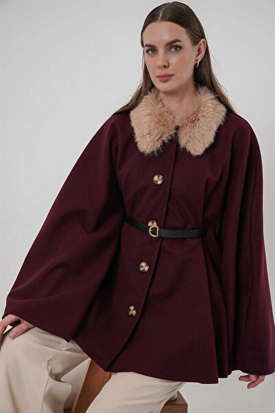 hazelin Women's Plum Collar Fur Buttoned Belted Cashmere Poncho Hzl25W-Bd191651