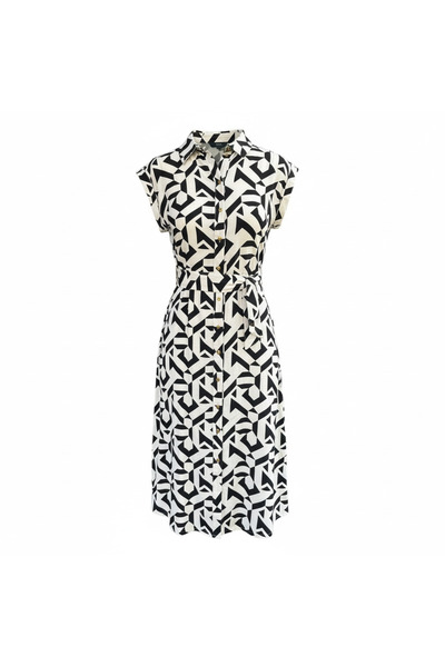 Eight Fashion Women's Black and White Geometric Patterned Belted Midi Dress