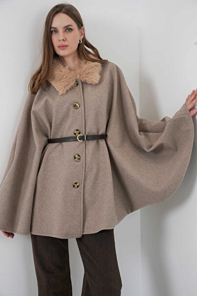 hazelin Women's Beige Fur Collar Buttoned Belted Cashmere Poncho Hzl25W-Bd191651