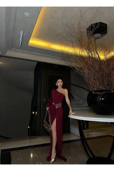 Modafeminen One-Sleeve Detailed Sandy Fabric Dress 583372 Bordo