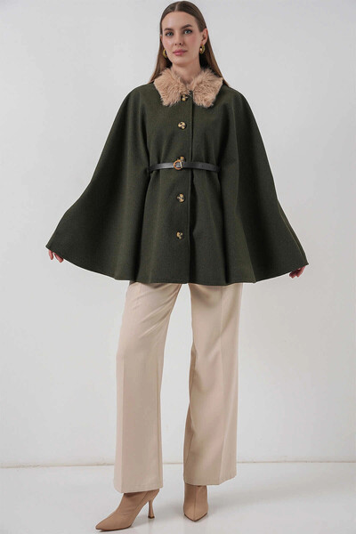 hazelin Women's Khaki Fur Collar Buttoned Belted Cashmere Poncho Hzl25W-Bd191651