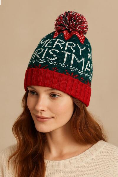 Külah Women's Pompom Christmas Themed Winter Knitwear Beanie – Merry Christmas Patterned