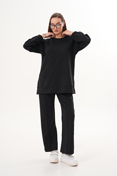 WestBound Verev Stone Embroidered Casual Women's Sports Set Black 718