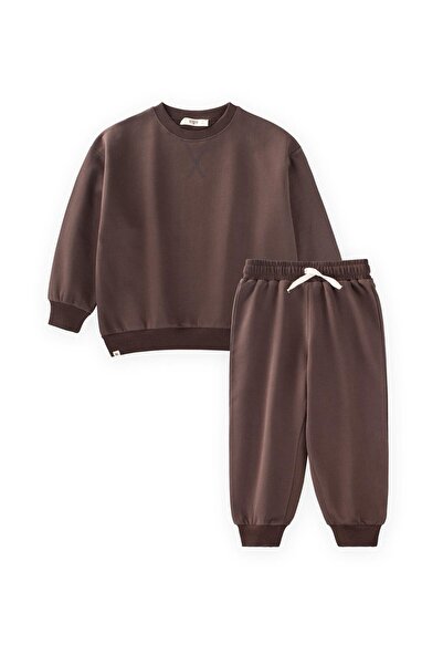 Cigit Basic Karyoka Detailed Sweatshirt Set 3-8 Years Old Brown