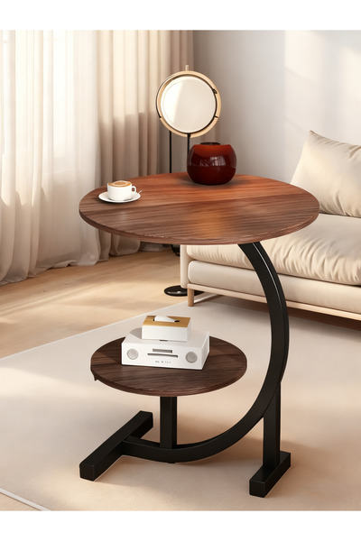 Enjoylifeme 2-Tier C-shaped Side Table with Metal Frame Wooden Modern Coffee Table with Low Shelf for Coffee