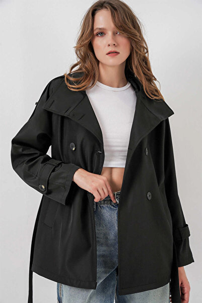 hazelin Women's Black Mock Neck Belted Lined Short Trench Coat Hzl25W-Bd159801