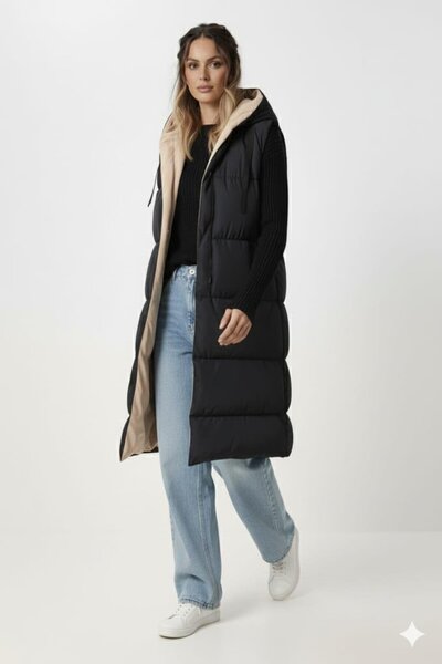 Hb Harma Time Butik Women's Double-Sided Hooded Pocket Cream-Black Vest