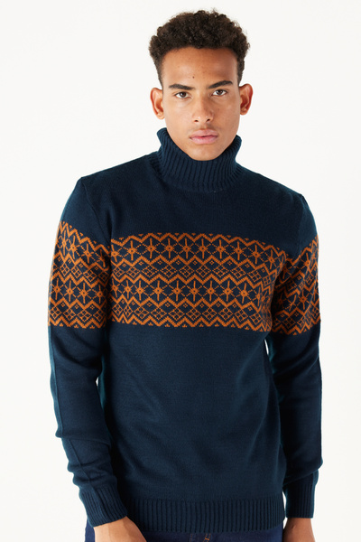 AC&Co / Altınyıldız Classics Navy Blue-Tile Standard Fit Regular Cut Turtleneck Zigzag Patterned Knitwear Sweater