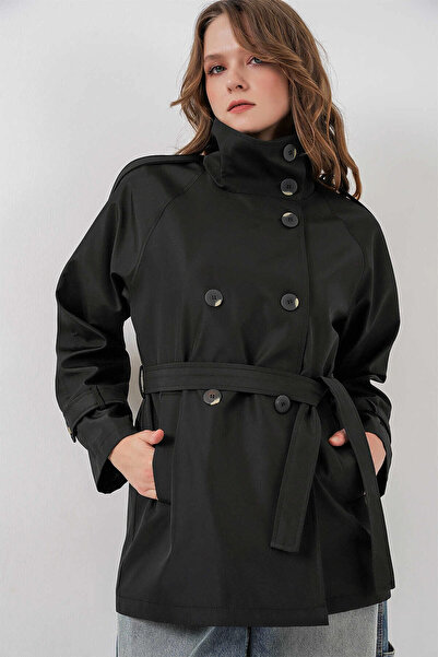 hazelin Women's Black Mock Neck Belted Lined Short Trench Coat Hzl25W-Bd159801