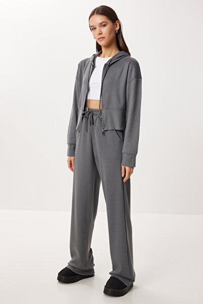 Lovelyİstanbul Hooded Zippered Knitted Top and Bottom Set Lci0049 Smoked