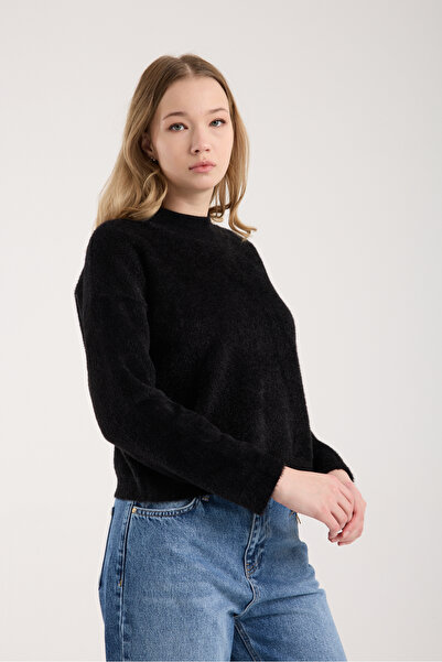 Moda Days Women's Black Beard Yarn Half Turtleneck Knitwear Sweater