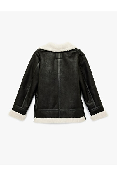 Koton Jachetă de motociclist aspect de piele cu buzunare și fermoar din blană artificială