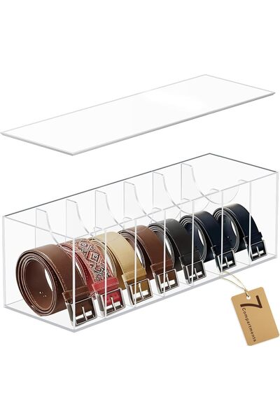 Slasa Acrylic Belt Organizer with Dust Cover, Clear 7-Compartment Belt Storag...