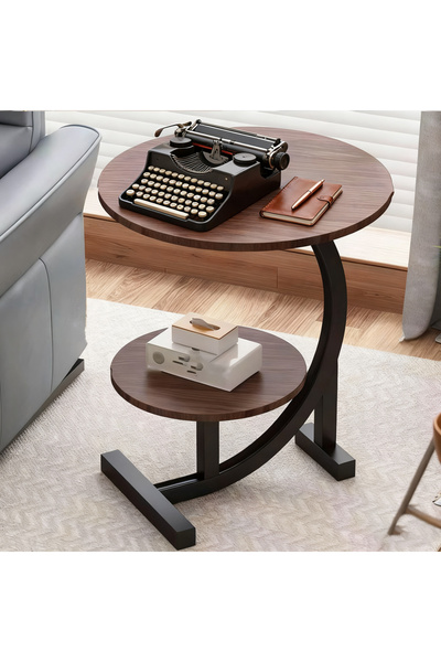 HayaBazaar 2 Tiers C-Shaped Side Table,Coffee Table, with Metal Frame, for Living Room, Bedroom (Brown-2 Tier)