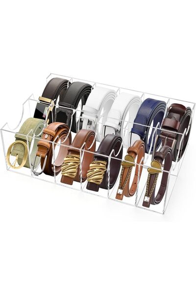 Slasa منظم أحزمة أكريليك مع 12 حجرة، صندوق تخزين أحزمة شفاف للخزانة والأدراج