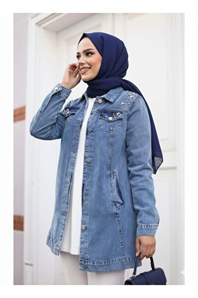 Hb Harma Time Butik Women's Beaded Denim Jeans Blue Jacket