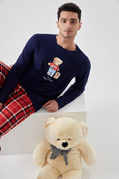 koza iç giyim Men's Soft Textured Teddy Bear Printed Plaid Pattern Pajama Set