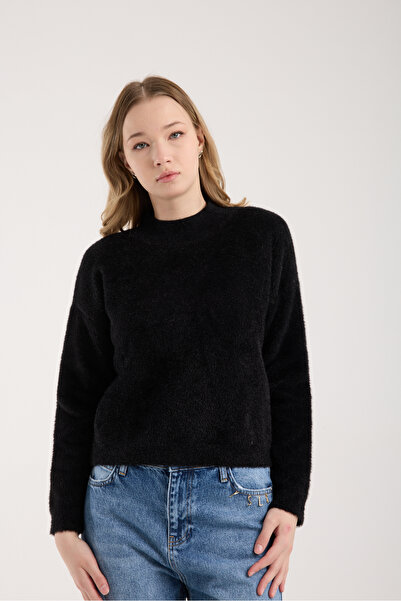 Moda Days Women's Black Beard Yarn Half Turtleneck Knitwear Sweater