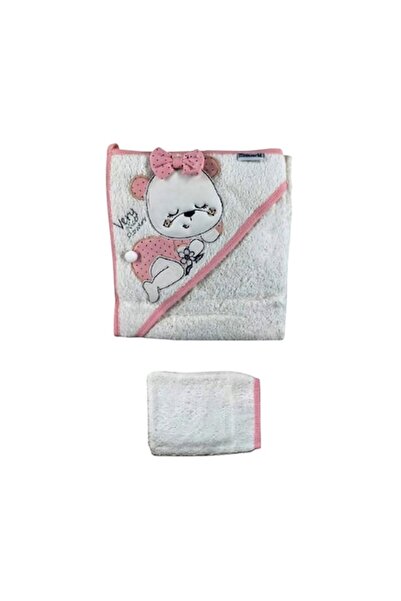 Miniworld 2-piece Baby Bath Towel Set "Teddy" with Hood & Mitt, Cotton, White/Pink, 0-24 months
