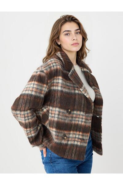 Jimmy Key Πορτοκαλί παλτό διπλό πέτο με καρό σχέδιο από μαλλί με καστανόχρωμο μείγμα