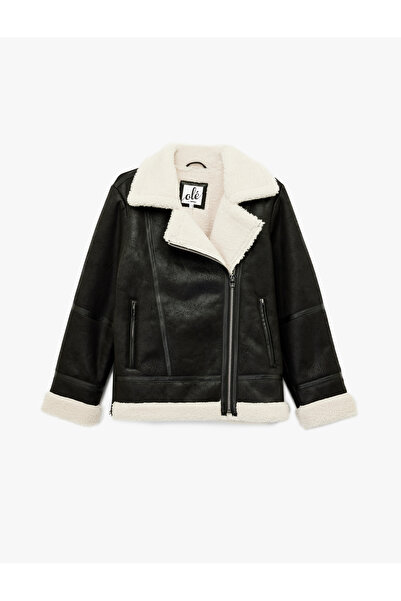 Koton Jachetă de motociclist aspect de piele cu buzunare și fermoar din blană artificială