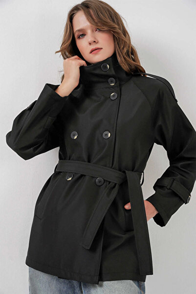 hazelin Women's Black Mock Neck Belted Lined Short Trench Coat Hzl25W-Bd159801