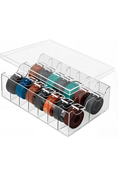 Slasa Large Clear Acrylic Belt Organizer with Dust Lid, Dual-Row 14-Compartme...