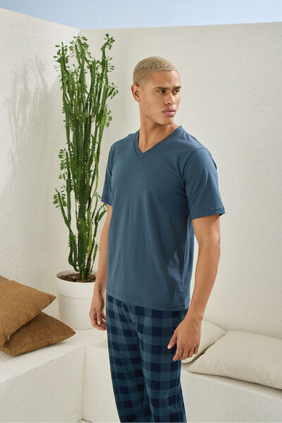 KLY 100% Cotton Men's Plus Size V-Neck Pajama Set Stylish Design