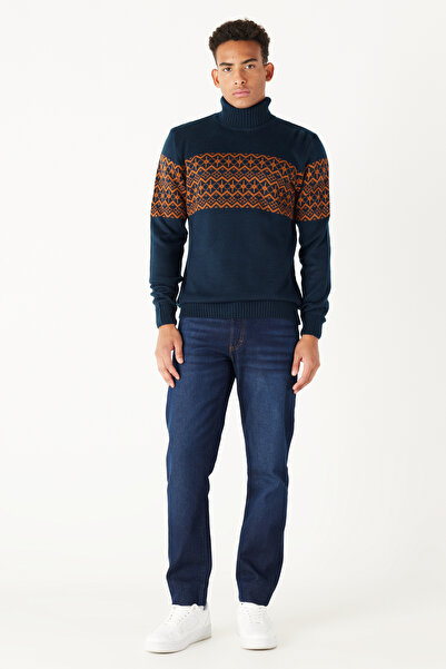 AC&Co / Altınyıldız Classics Navy Blue-Tile Standard Fit Regular Cut Turtleneck Zigzag Patterned Knitwear Sweater