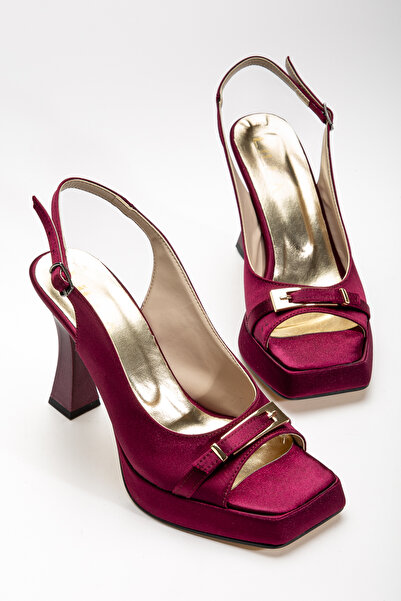LİLLA Women's High Heeled Pointed Toe Gold Buckle Burgundy Satin Evening Dress Shoes