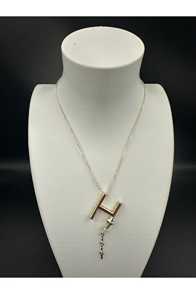 staınless steel Altın Rengi H Harfi Yıldız ve Taş Detaylı Çelik Kolye