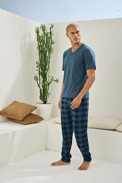 KLY 100% Cotton Men's Plus Size V-Neck Pajama Set Stylish Design