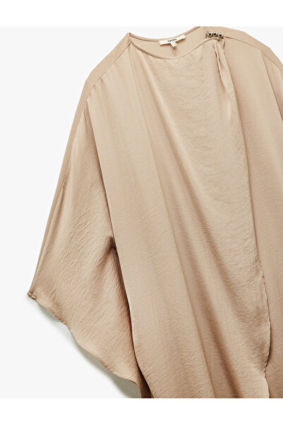 Koton Aerobin Fabric Accessory Detailed Short Batwing Sleeve Double-Breasted Long Satin Dress