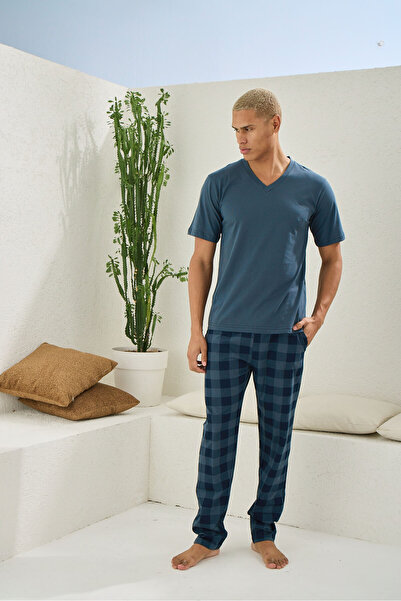 KLY 100% Cotton Men's Plus Size V-Neck Pajama Set Stylish Design