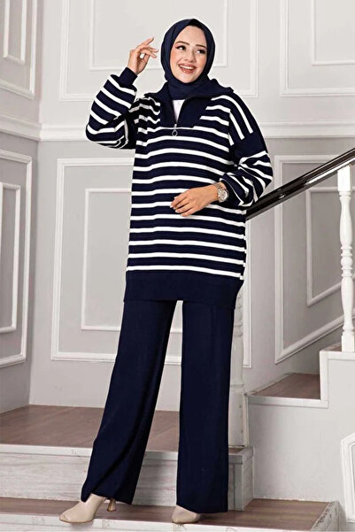 STF MODA Women's Navy Blue Trucker Collar Striped Knitwear Set
