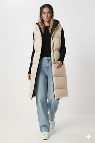 Hb Harma Time Butik Women's Double-Sided Hooded Pocket Cream-Black Vest