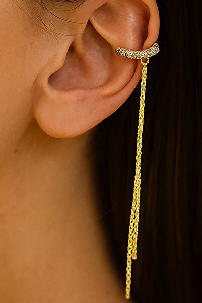 TAKIŞTIR Altın Renk Taş Detaylı Sallantılı Ear Cuff (Tek)